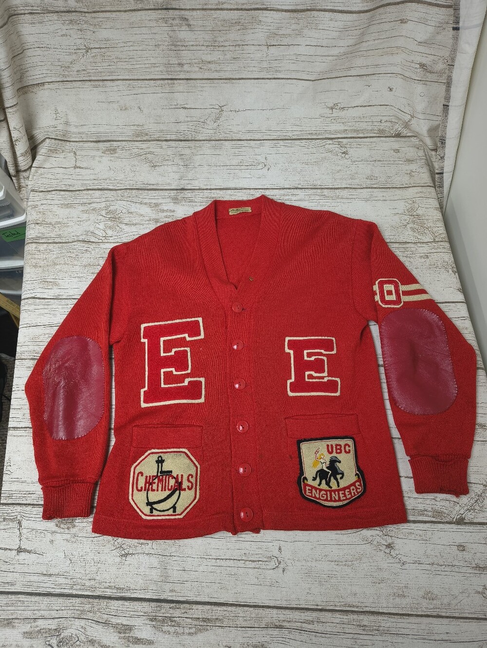 Vintage Red Wool Varsity Letterman Cardigan UBC Ebgineers